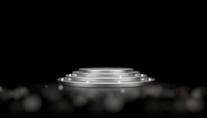 A sleek, silver, multitiered podium stands on a reflective surface against a dark, blurred background with bokeh lights