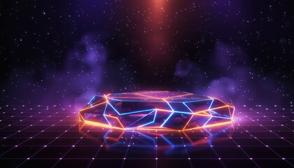 A futuristic, geometric podium glows with neon blue and orange light, set against a cosmic background with stars and nebulae