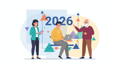 Business team planning 2026 goals and strategy using technology and data visualization