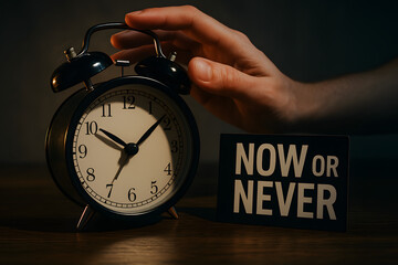 A Hand Adjusting an Alarm Clock Beside a "Now or Never" Sign.