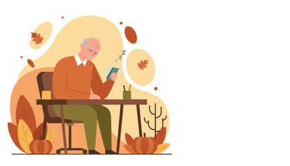 Elderly man dozing off while using a mobile phone at a desk in a cozy autumn illustration