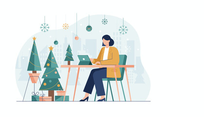 Professional woman works on a laptop in a festive office decorated for Christmas holidays