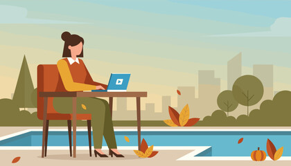 Remote worker using laptop by the pool in a city park setting during autumn