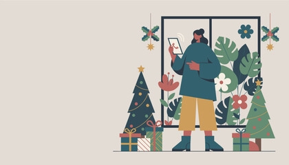Woman using phone near Christmas decor and plants symbolizing holiday communication and modern lifestyle