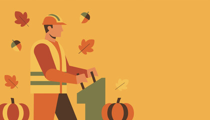 Fall maintenance worker vector illustration Seasonal labor safety leaves and pumpkins background