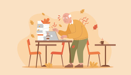 Overwhelmed senior man buried under a huge paperwork workload struggling with technology