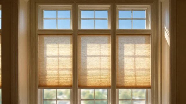 A large window with three panes, featuring top sections of clear blue sky and beige shades below
