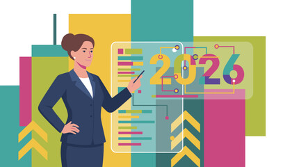 Professional woman analyzes the 2026 financial forecast data metrics and business strategy