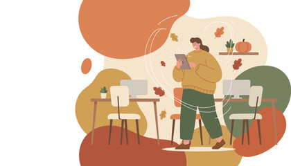 Cozy remote work setup Person using tablet in an autumnthemed home office