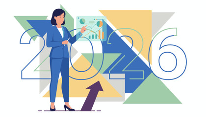 Businesswoman presenting 2026 financial forecast and growth strategy with data visualization