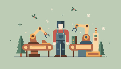 Industrial automation and factory worker illustration in a holiday winter setting
