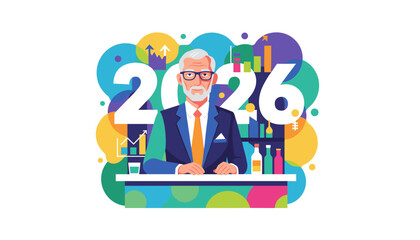 Executive welcoming 2026 business forecast and growth with colorful finance graphics