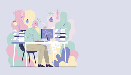 Angry businessman overwhelmed by holiday work stress paperwork and deadlines