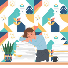 Exhausted businesswoman sleeping on a huge stack of paperwork symbolizing work overload and burnout