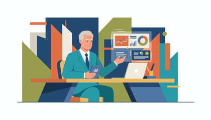 Senior executive analyzing financial data and growth charts in a modern corporate office illustration