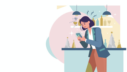 Worried businesswoman checking her smartphone at a festive bar experiencing holiday stress