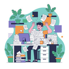Overworked employee drowning in paperwork at the office desk Stress and overload concept