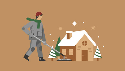 Winter illustration of a person clearing snow outside a home emphasizing seasonal maintenance and chores