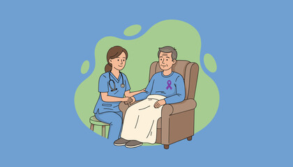 Nurse supports senior man with purple ribbon illustrating care health and disease awareness