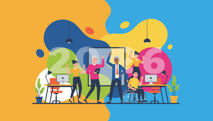 Happy diverse business team celebrating success in 2026 Inclusive workplace vector