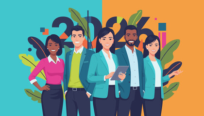 Diverse professional team celebrating 2024 success and planning the future Flat illustration
