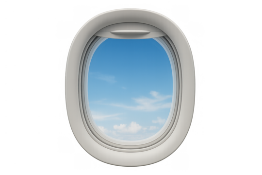Airplane porthole looking out to blue sky and white clouds, travel, flight window, transparent background