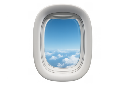 Airplane window showing blue sky and clouds in flight, transparent background for travel concept
