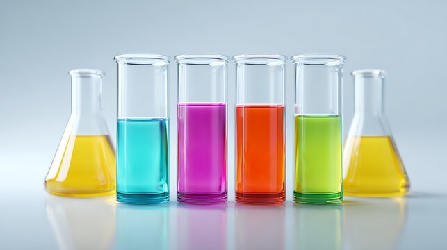 High-definition shot of laboratory glassware filled with colorful buffer solutions - Powered by Adobe