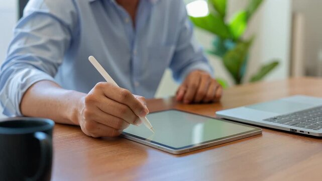 デスクワークでダブレットにメモを取る男性　AI生成素材