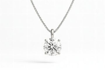 Elegant Solitaire Diamond Pendant on a Silver Chain with a Minimalist Background