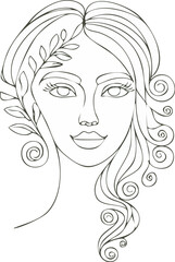 Minimal continuous line art of woman’s face with vine curls isolated on white background, Elegant one-line woman portrait with vine-inspired hair curls, Minimal continuous line female face
