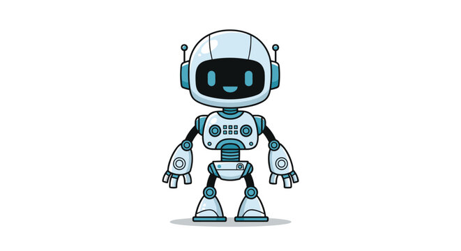 A friendly little robot with a cheerful, smiling screen face and dual antennae stands front and center, illustrated in a charming, modern cartoon style.