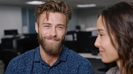 A Heartfelt Farewell in the Office: A Man and Woman Share Warm Smiles as They Bid Goodbye to a Colleague