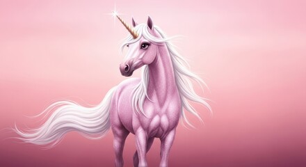 Naklejka premium Majestic Pink Unicorn with Flowing Mane and Horn.