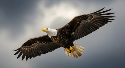 Naklejka premium Majestic Bald Eagle Soaring Through a Dramatic Cloudy Sky