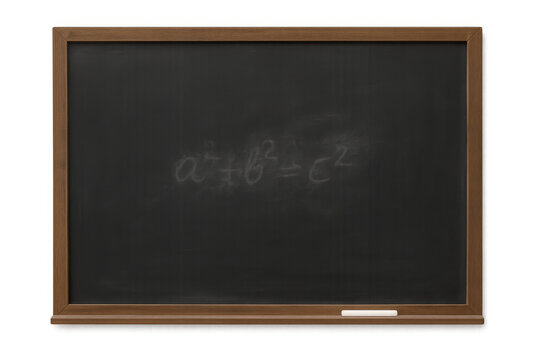 Empty blackboard with pythagorean theorem written in chalk, symbolizing math education and school learning