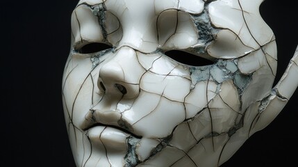 Close-up of a White Cracked Ceramic Mask Sculpture with Dark Inlays Against a Plain Backdrop