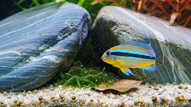 Between two pieces of Seiryu stone, a timid apistogramma guards its hidden cave.