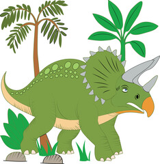 Cute green triceratops dinosaur cartoon illustration with tropical plants. Prehistoric animal design