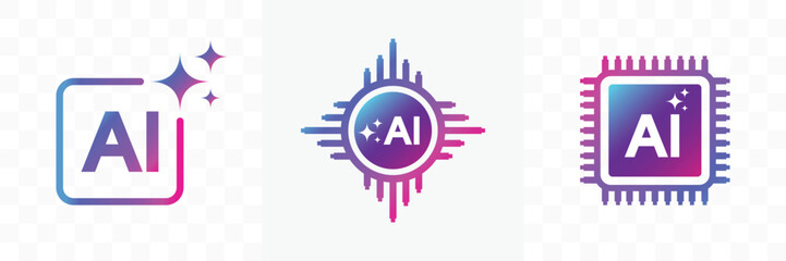 Artificial intelligence AI processor chip icon. colorful AI processor chip logo with star symbol for app, Mini AI CPU icon collection and AI Chip on a Circuit Board. vector illustration.
