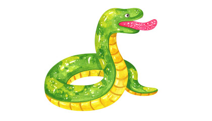 Naklejka premium Watercolor Illustration of a Green Snake with Pink Tongue.
