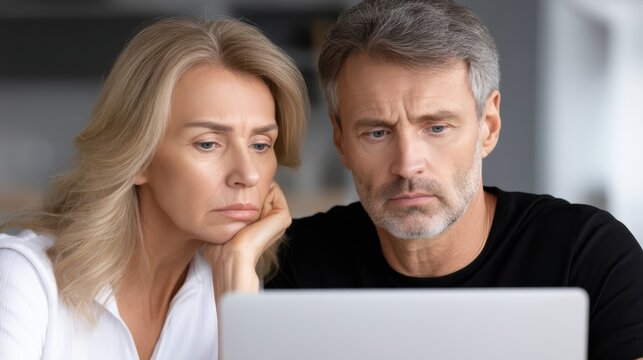 Man and woman looking at laptop two individuals observing screen of portable computer focusing on digital content together