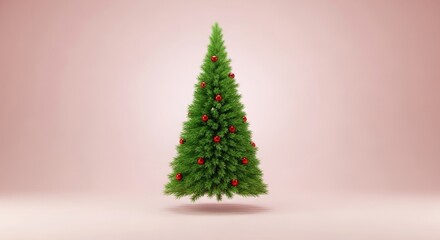 Minimalist Christmas Tree with Red Ornaments on Pink Background.