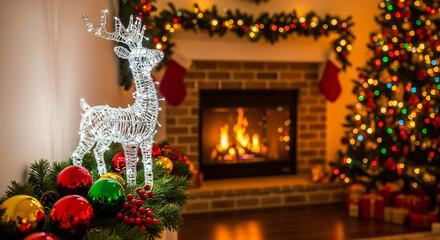 Fototapeta premium Illuminated wire reindeer decoration on a mantelpiece with christmas tree and fireplace behind it ai generated