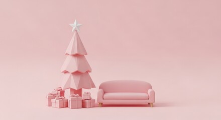Minimalist Pink Christmas Tree and Sofa with Gifts.