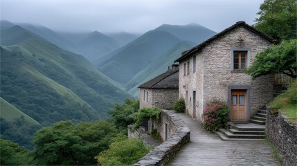 Stone houses nestled on a verdant hillside with rolling green mountains under a soft overcast sky creating a serene rural landscape.