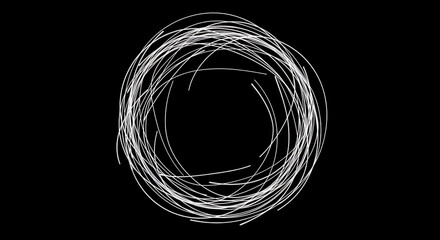 Chaotic yet elegant circular sketch of thin white lines in a whirlwind motion, a minimalist graphic representing a complex abstract nest or vortex