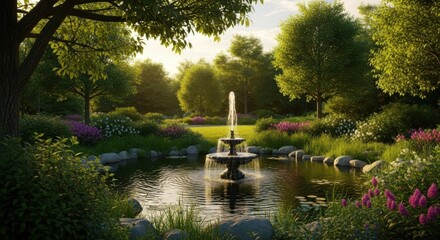 Tranquil garden with a fountain and pond surrounded by lush greenery and flowers