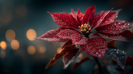 Red Poinsettia Flower with Water Drops and Golden Bokeh
