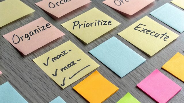 Colorful Sticky Notes for Task Management and Project Organization on a Wooden Table Surface in a Modern Office Environment